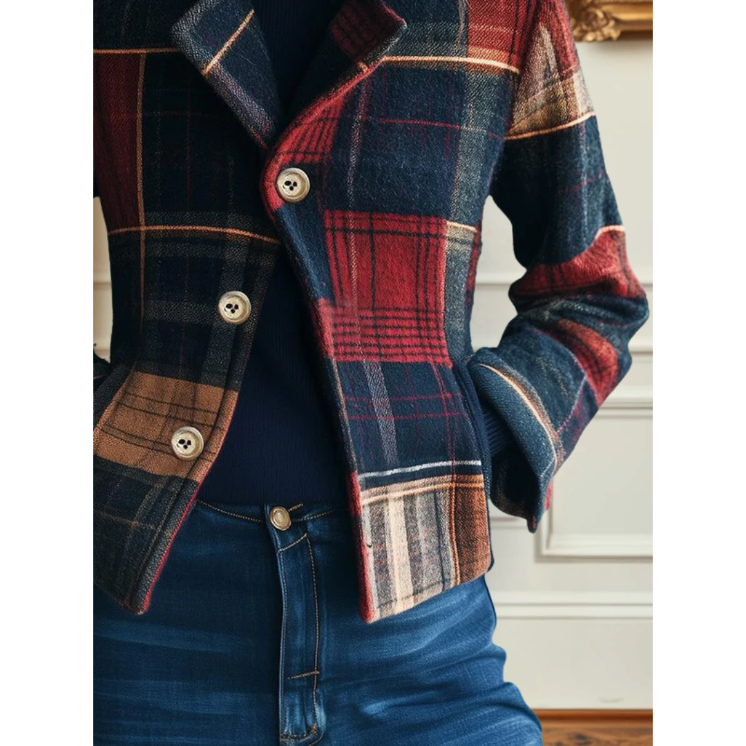 Multicolored plaid jacket with button front and long sleeves, partial front view.