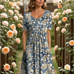GEORGINA elegant dress with tummy coverage, blue floral print dress with short sleeves