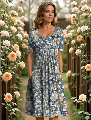 GEORGINA elegant dress with tummy coverage, blue floral print dress with short sleeves