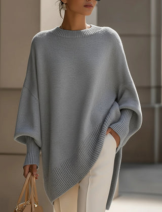 Grey knit jumper sleeve and hem with ribbed trim, drop-shoulder knit
