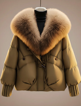 Khaki puffer coat with tan faux-fur collar trim and center zip front