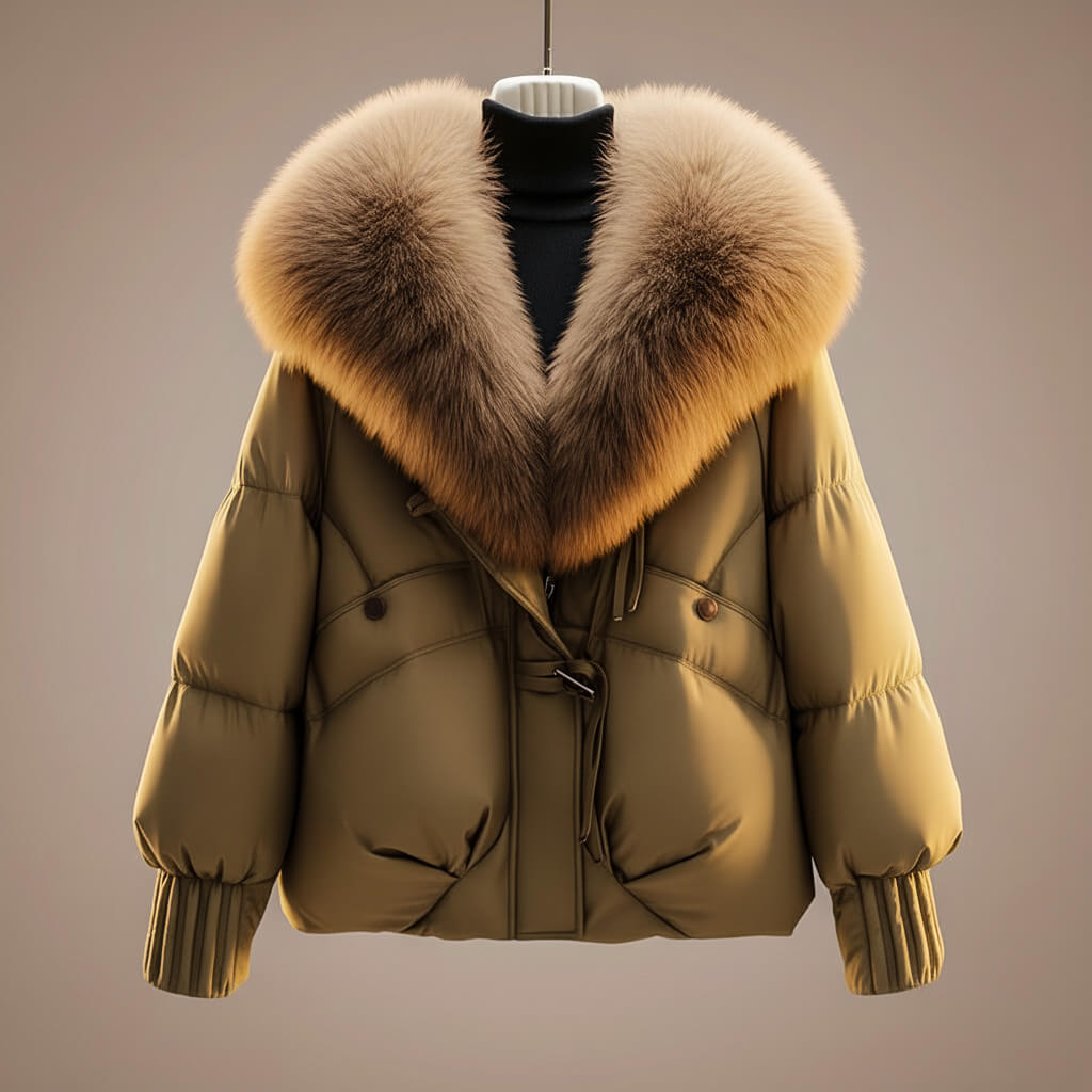 Khaki puffer coat with tan faux-fur collar trim and center zip front