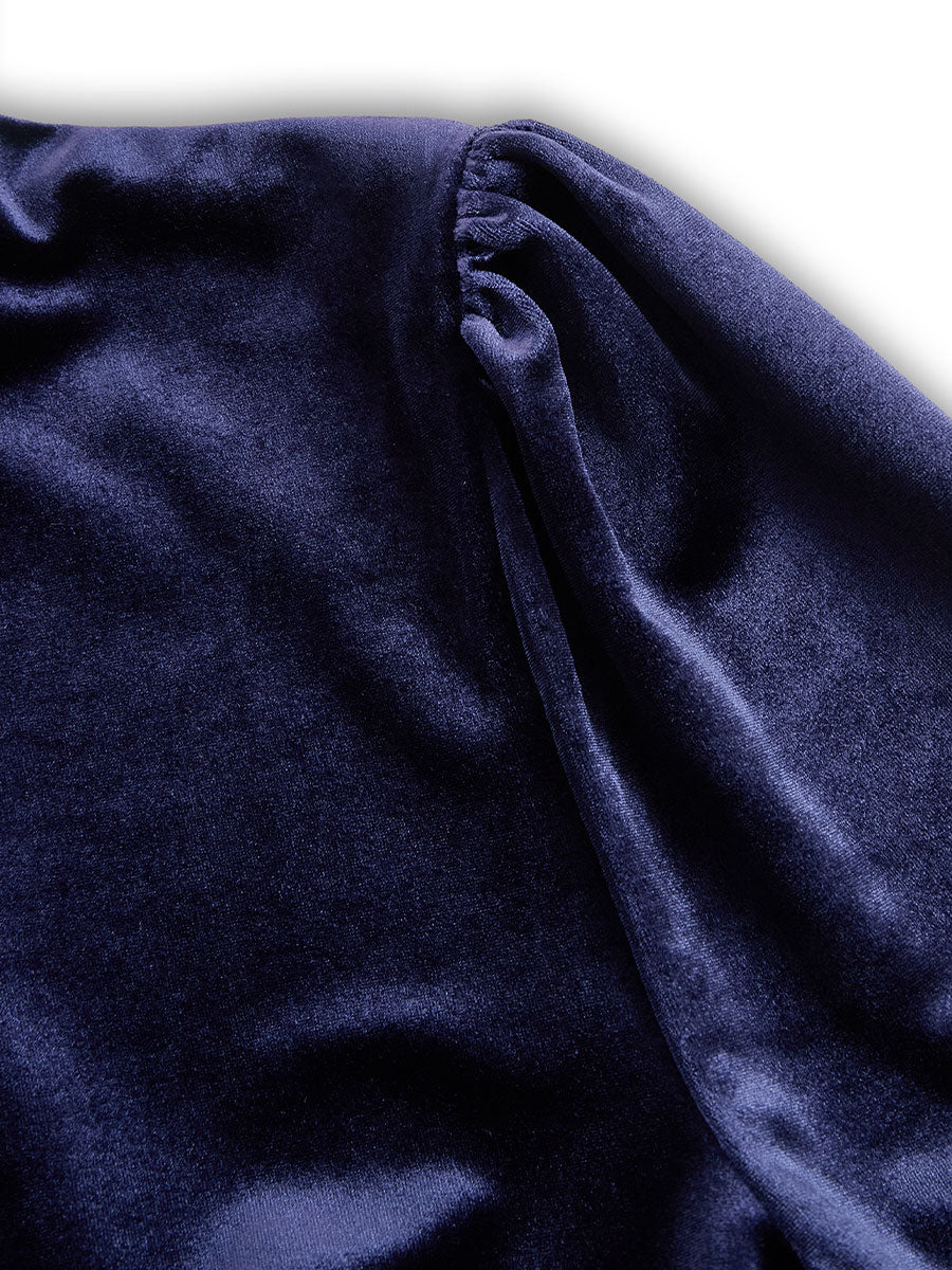 Navy long-sleeve midi dress, velvet-like fabric with gathered shoulder detail