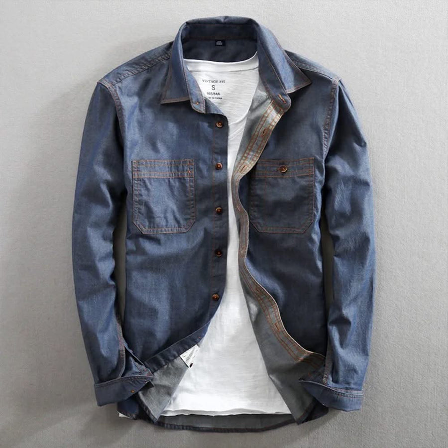 Navy classic-fit button-front shirt with chest pockets and buttoned placket