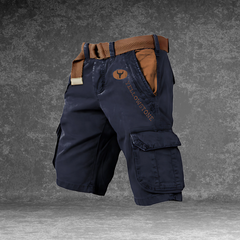 DUNMERE utility shorts in navy blue with cargo side pockets and logo patch