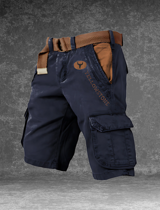 DUNMERE utility shorts in navy blue with cargo side pockets and logo patch