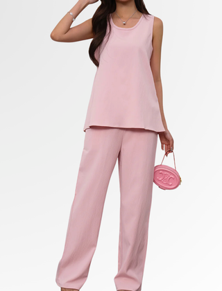 Relaxed blush pink sleeveless top and wide-leg pants two-piece set, loose fit
