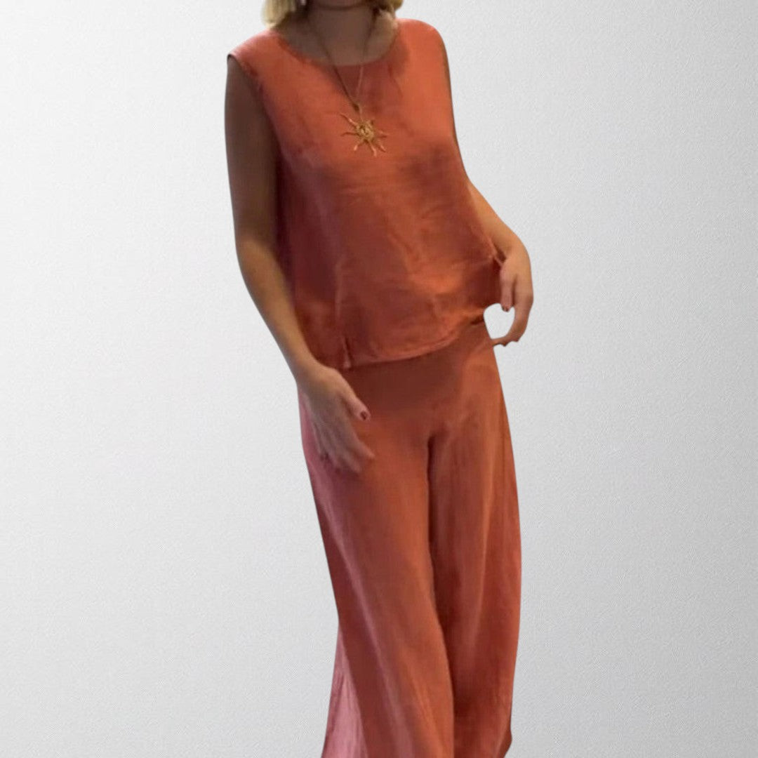 Rust boho two-piece set: sleeveless top and wide-leg pants with necklace