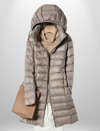 Taupe hooded ultralight puffer down jacket with full-length zip and long straight cut.