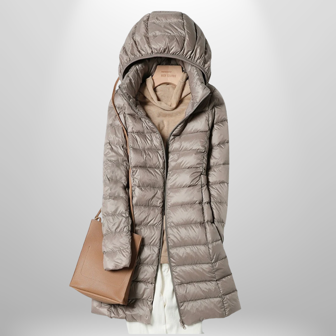 Taupe hooded ultralight puffer down jacket with full-length zip and long straight cut.