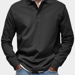 Men's long-sleeve polo shirt in dark gray, button placket and ribbed cuffs
