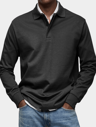 Men's long-sleeve polo shirt in dark gray, button placket and ribbed cuffs