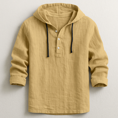 Sand hoodie shirt with hood drawstrings and button henley placket, folded cuffs.