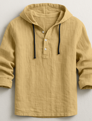 Sand hoodie shirt with hood drawstrings and button henley placket, folded cuffs.