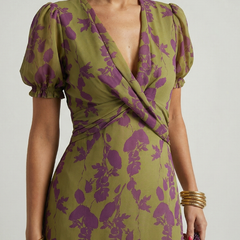 Floral V-neck wrap midi dress with puff sleeves and cross-over front