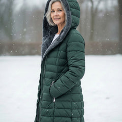 Dark green fleece-lined hooded puffer coat, side view with front zipper and pockets