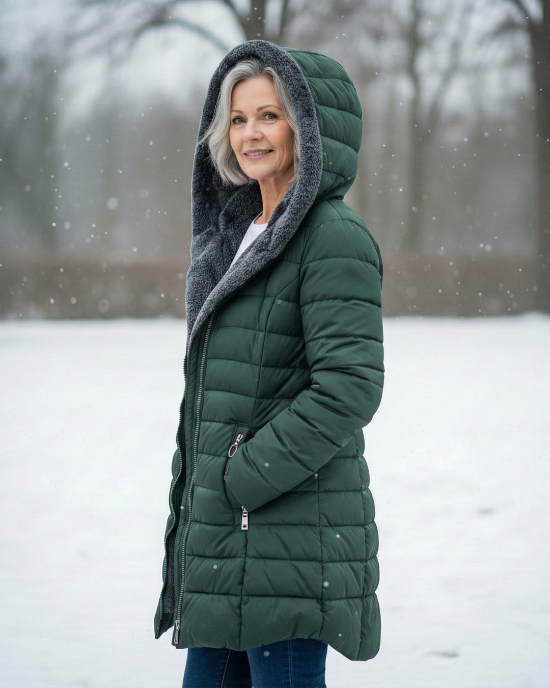Dark green fleece-lined hooded puffer coat, side view with front zipper and pockets