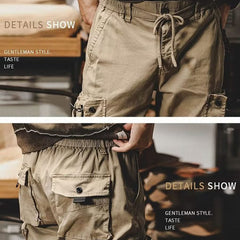 Khaki utility trousers with drawstring waist and button-flap cargo pockets