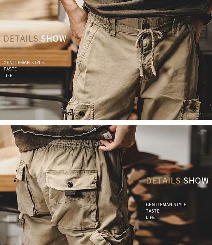 Khaki utility trousers with drawstring waist and button-flap cargo pockets
