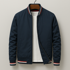 Men's navy bomber jacket with zip front, ribbed collar, striped hem and cuffs