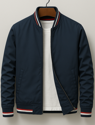 Men's navy bomber jacket with zip front, ribbed collar, striped hem and cuffs