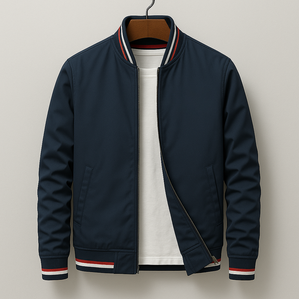 Men's navy bomber jacket with zip front, ribbed collar, striped hem and cuffs