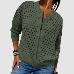 Green openwork knitted cardigan with full front zipper and ribbed cuffs and hem
