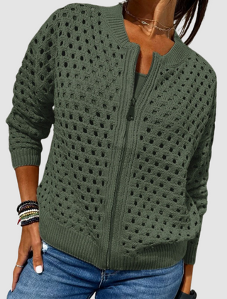 Green openwork knitted cardigan with full front zipper and ribbed cuffs and hem