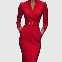 Refined midi dress in red with V-neck wrap styling and waist belt