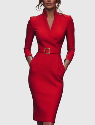 Refined midi dress in red with V-neck wrap styling and waist belt