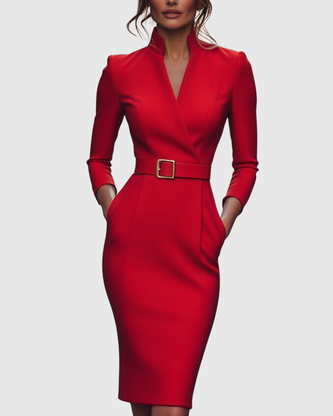 Refined midi dress in red with V-neck wrap styling and waist belt