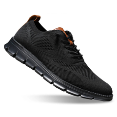 Double black knit lace-up walker shoes with orange-brown collar trim and dark tread sole