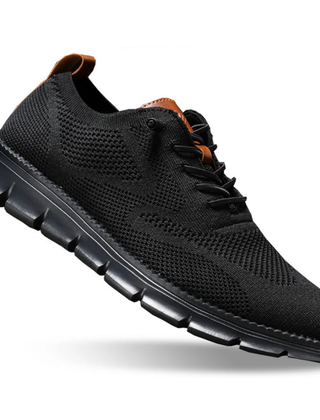 Double black knit lace-up walker shoes with orange-brown collar trim and dark tread sole