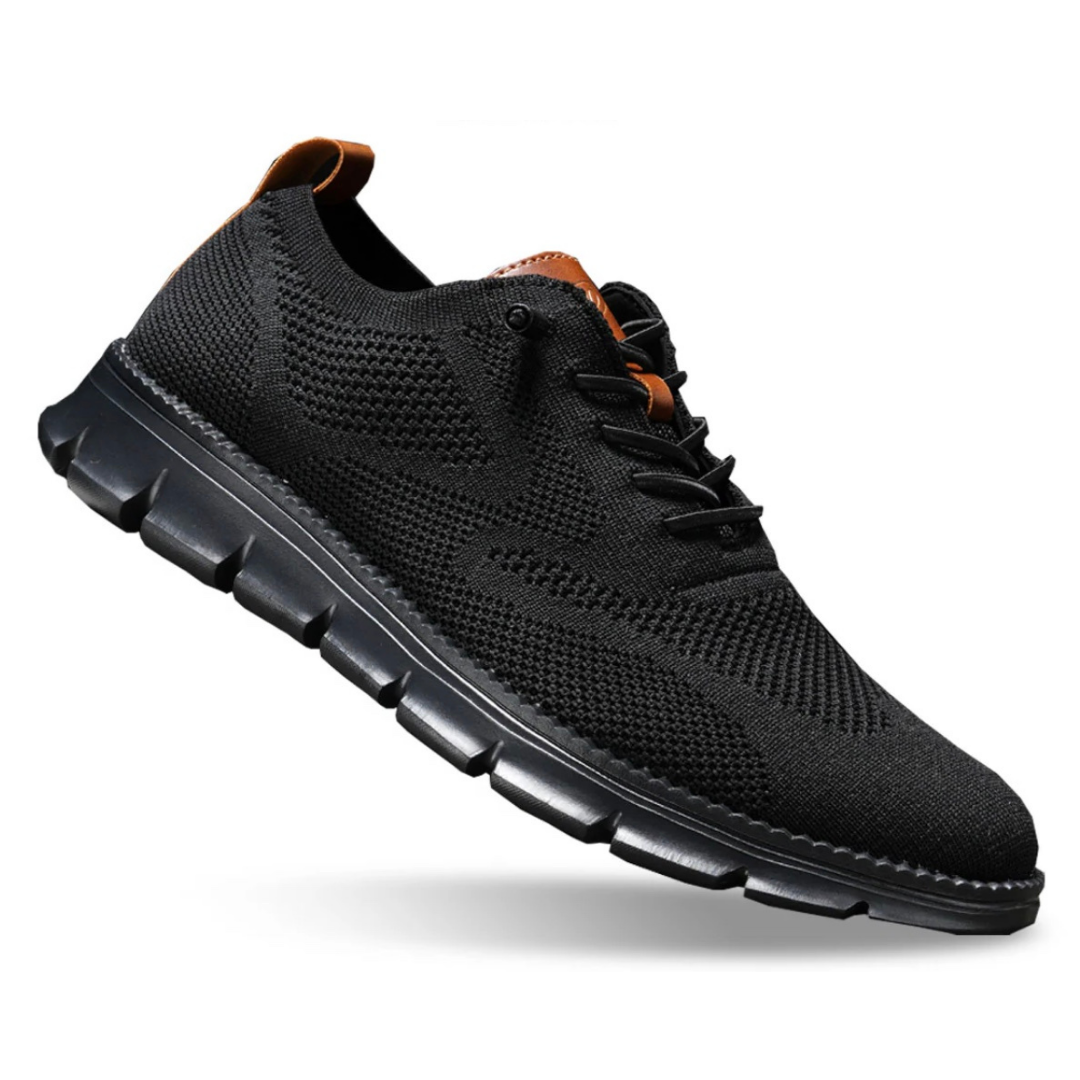 Double black knit lace-up walker shoes with orange-brown collar trim and dark tread sole