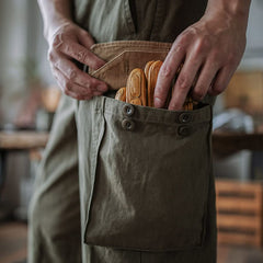 Army green trousers with flap pocket and button closure, visible pocket stitching