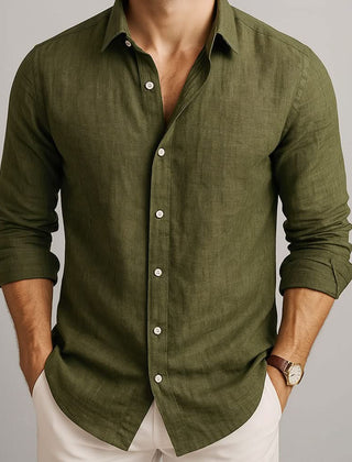 Men's olive green linen button-up shirt with long sleeves and collar