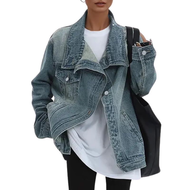 Blue denim jacket with asym button front and flap chest pockets over white tee