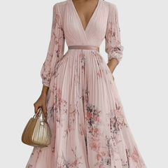 Light pink floral pleated maxi dress with long sleeves, V-neck and elastic waist