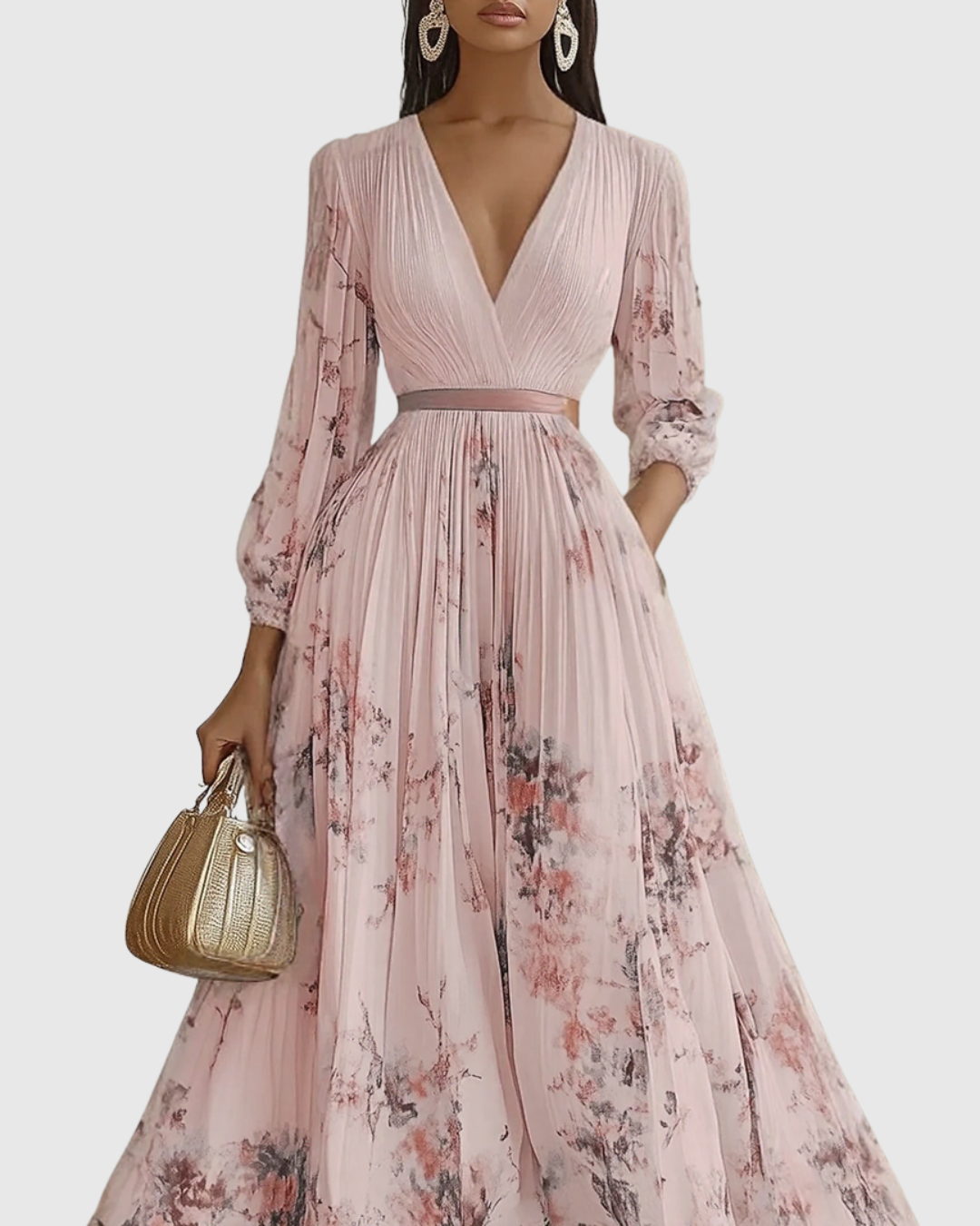 Light pink floral pleated maxi dress with long sleeves, V-neck and elastic waist