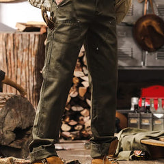 Army green straight-leg utility pants, full length view with seam and pocket details