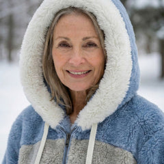 Plush zip-up hooded jacket in blue and gray with cream stripe panels