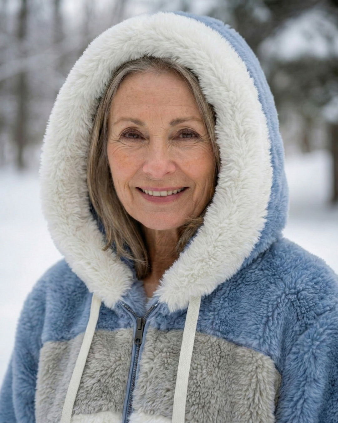 Plush zip-up hooded jacket in blue and gray with cream stripe panels
