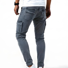 Men's blue cargo trousers back view with rear patch pockets and tapered legs