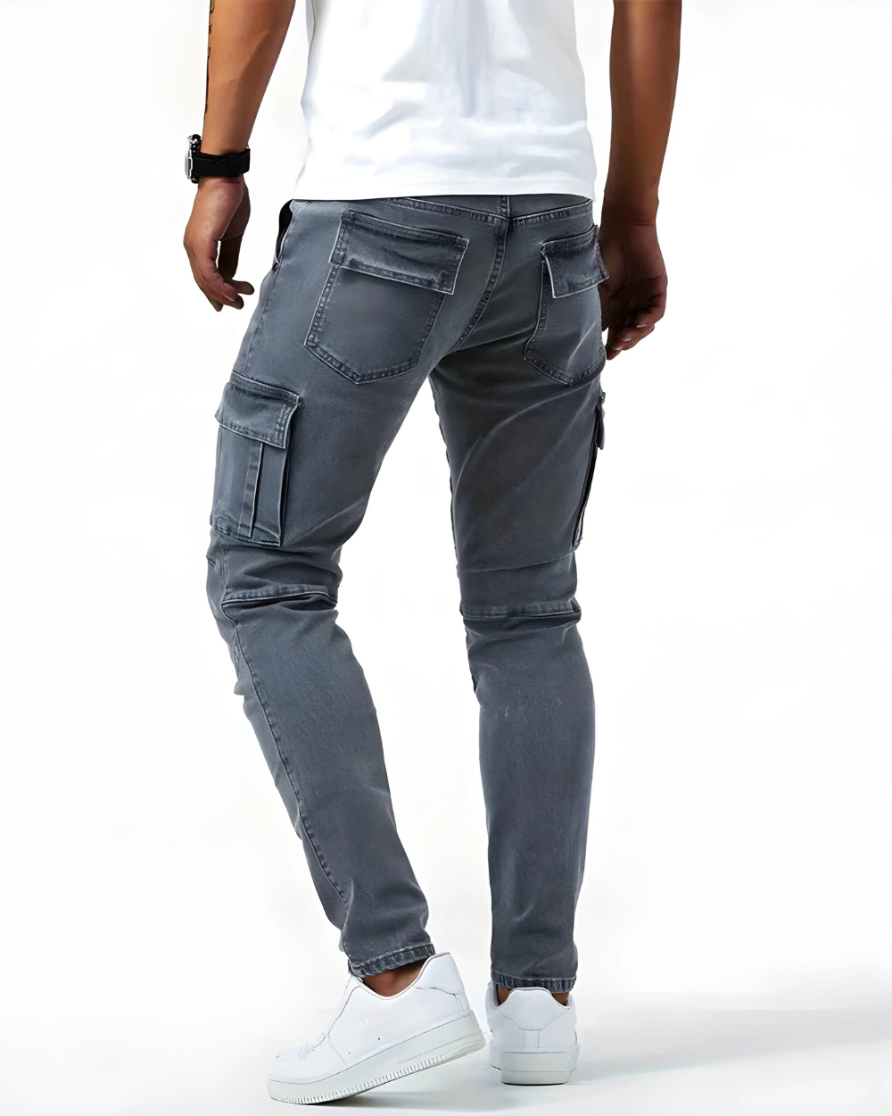 Men's blue cargo trousers back view with rear patch pockets and tapered legs