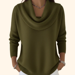 Green cowl neck knit jumper with long sleeves, ribbed hem and cuffs.