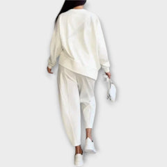 White sweatshirt and jogger pants set, back view with long sleeves