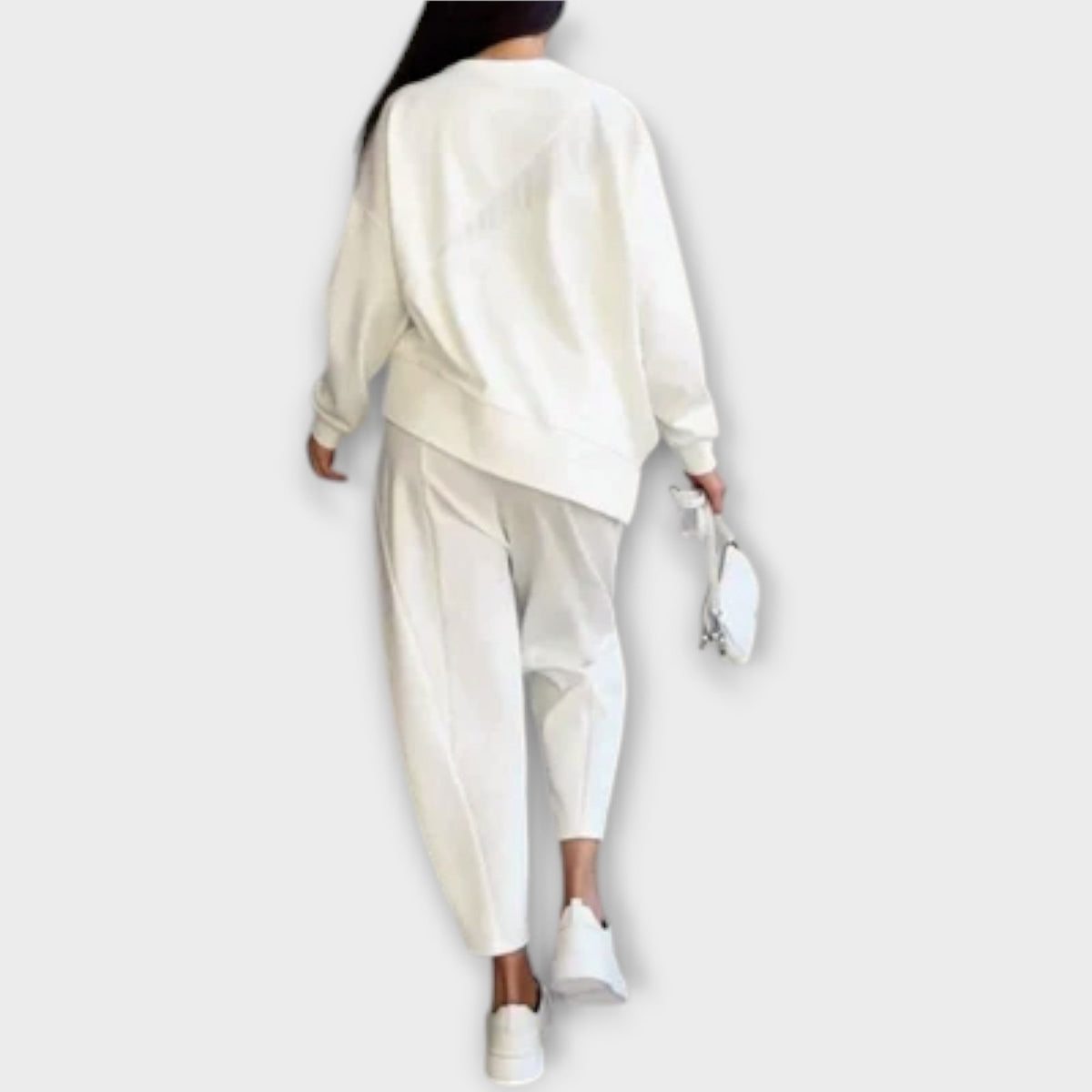 White sweatshirt and jogger pants set, back view with long sleeves