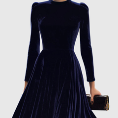 Navy long-sleeve midi dress with high neckline and puffed shoulder seams