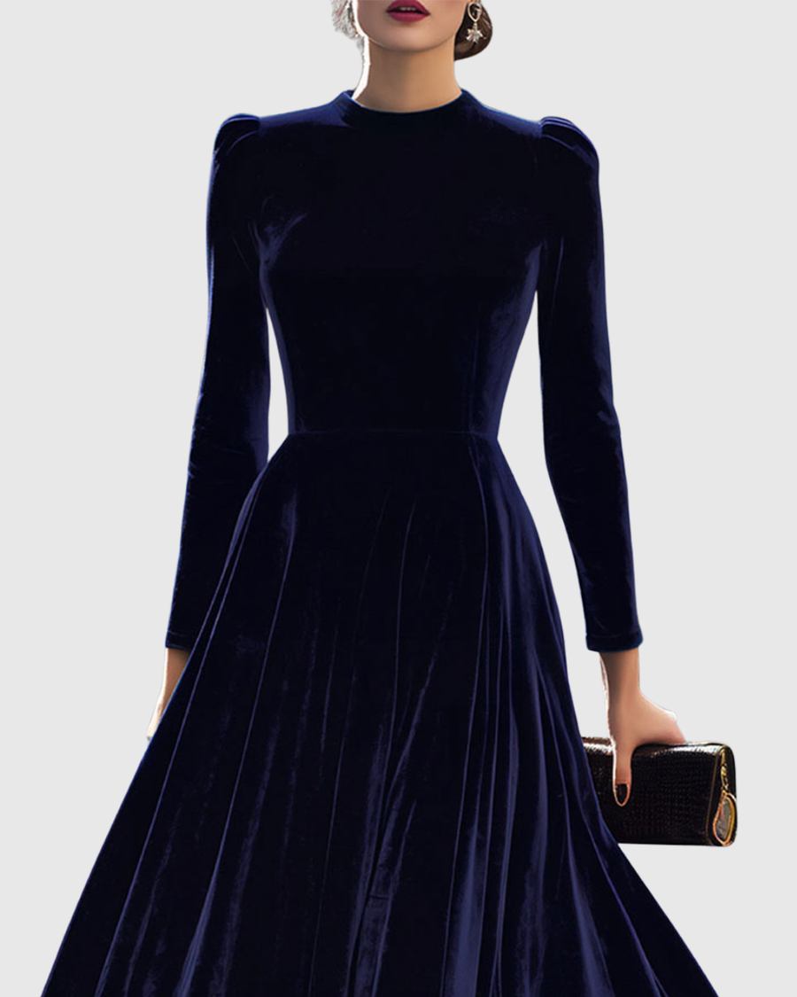 Navy long-sleeve midi dress with high neckline and puffed shoulder seams