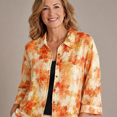 Watercolour leaf print blouse, orange and cream, button-front with short sleeves
